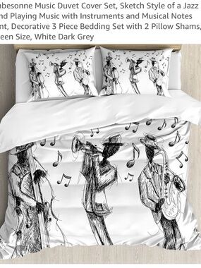 Ambesonne Queen Music Jazz Duvet Cover & 2 Shams Set - Microfiber White & Black